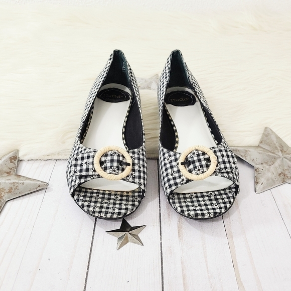 Vintage Mudd gingham daisy peep toe flats size 8 - Picture 2 of 6